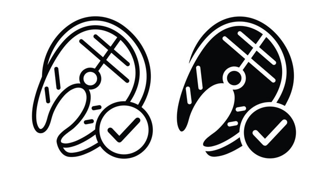 Salmon fish steak icon set with checkmark symbol representing fresh seafood quality assurance healthy protein food choice for restaurant menu