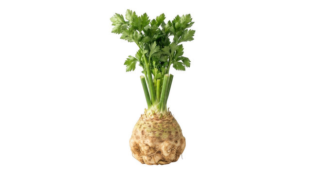 Fresh root celeriac with green leaves attached isolated on a transparent background for organic vegetable produce