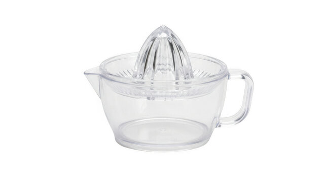 Clear acrylic citrus juicer isolated on a transparent background for kitchen tool and culinary product photography