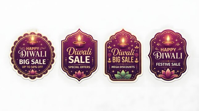 Set of four decorative diwali sale stickers with traditional diya lamps and floral elements in purple and gold design