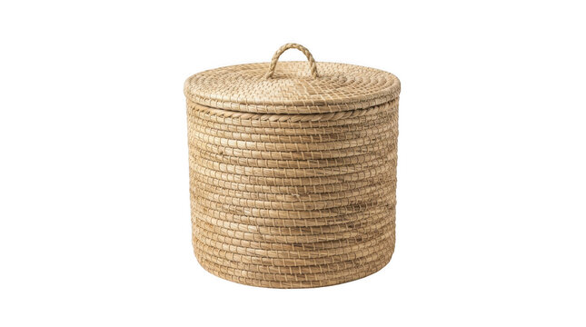 Woven rattan storage basket with lid isolated on transparent background for interior design