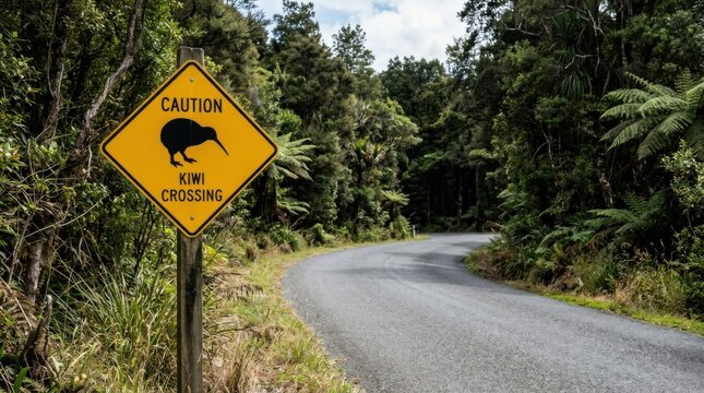 Caution Kiwi Crossing Sign In Lush New Zealand Forest Landscape