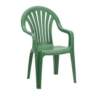 Green plastic garden chair with slatted back and armrests
