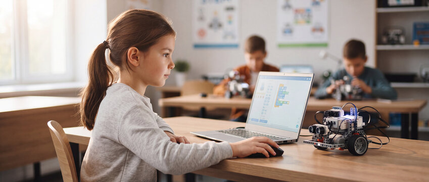 Girl programming robot in STEM classroom using laptop software beside custom wheeled constructor machine, learning computer science and modern engineering skills in school
