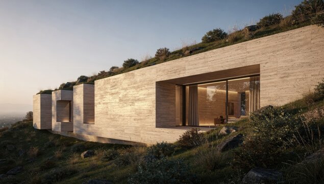 Modern luxury villa built into green hillside at sunset