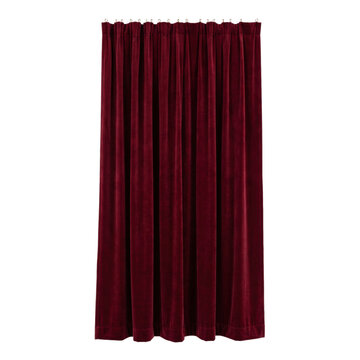 Luxurious deep red velvet curtain with pleats and hooks for hanging