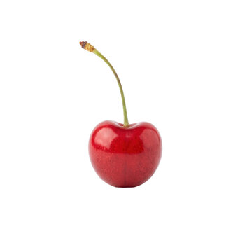 Single ripe red cherry with a green stem on a white background