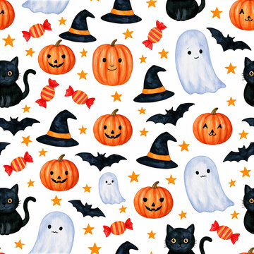 Playful Hand Painted Halloween Pattern, Cute Ghost Pumpkin Witch Cat Moon Seamless Design, Spooky Autumn Watercolor Background, Festive Trick or Treat Decoration Wrapping Paper Fabric Print