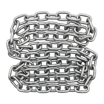 Heavy duty metal chain links intertwined and coiled on a white background
