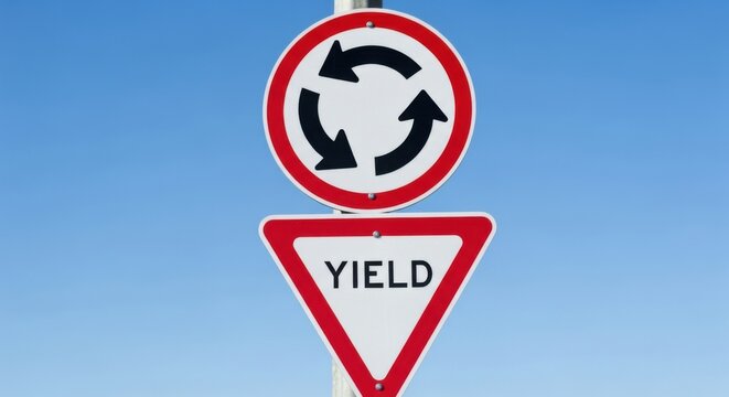 Circular Intersection And Yield Warning Road Signs Against Clear Blue Sky