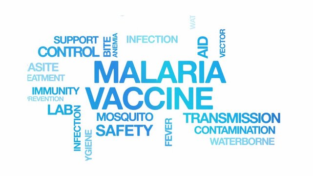 Malaria Vaccine concept Animated Tag Word Cloud kinetic typography, Text Design Animation typography seamless loop video motion graphics Intro Wordart arrangement blue type on white background bg bac
