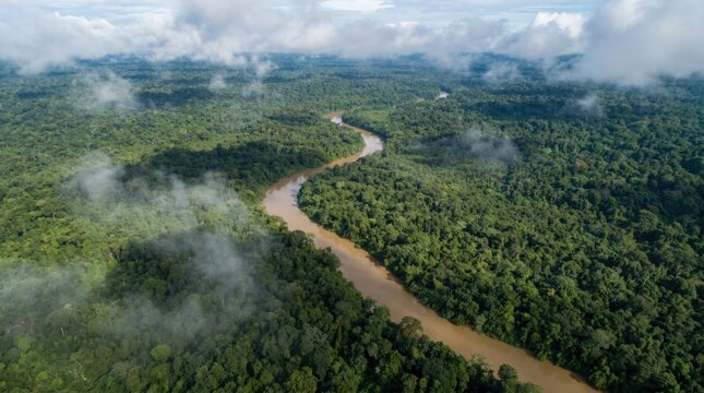 Aerial view of a winding river flowing through a dense green rainforest with clouds.