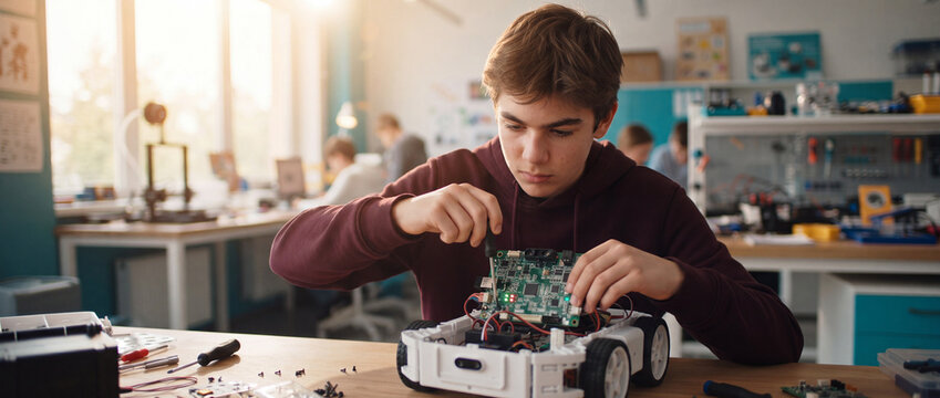 Robotics student assembling a programmable vehicle with circuit board and screwdriver at a bright school workshop for innovative STEM education and engineering projects