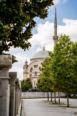 View of a historical mosque dome and minaret seen behind a row of green trees and stone fence. The image represents Islamic architecture, urban heritage, and cultural travel. © Tetiana