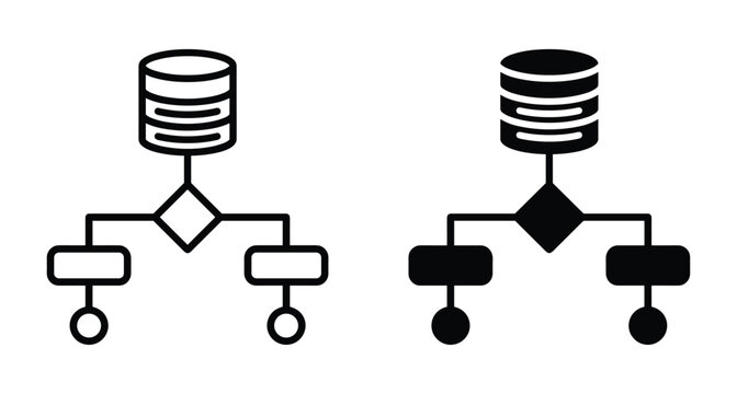Database flowchart algorithm icon set showing data processing logic workflow structure with server storage and decision nodes for software development