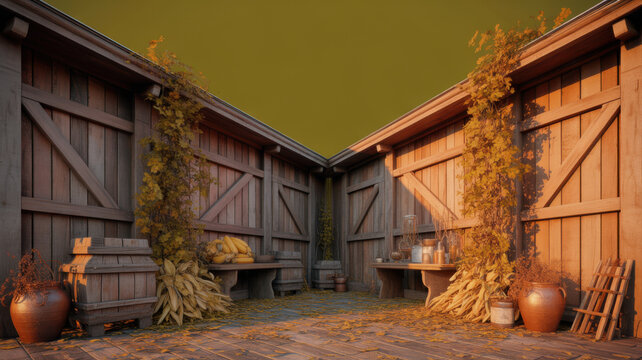 Rustic Wooden Corner Setting with Harvest Decor and Autumn Foliage for Seasonal Holiday Backdrops