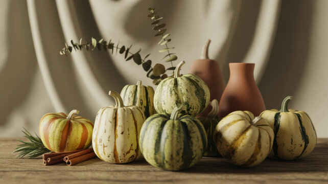 Autumn Harvest Composition Featuring Striped Pumpkins Cinnamon Sticks and Dried Eucalyptus on a Rustic Wooden Tabletop