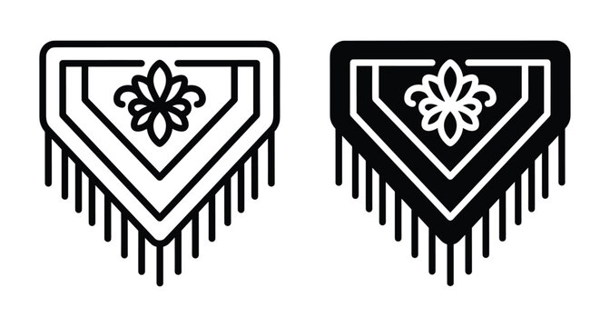Traditional shawl icon set with fringe and floral pattern featuring outline and solid glyph styles for fashion and textile design