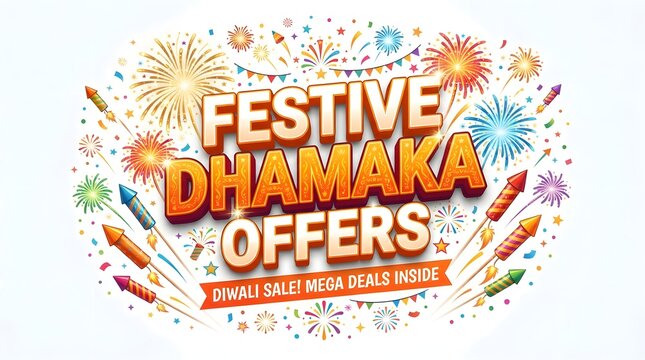 Festive dhamaka offers diwali sale banner with colorful fireworks and crackers isolated on white background