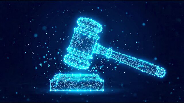 Digital judge gavel in glowing blue wireframe style representing cyber law and online justice systems on dark background