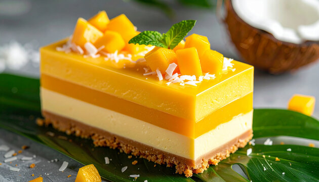 Coconut mango mousse cake with silky tropical layers in macro detail