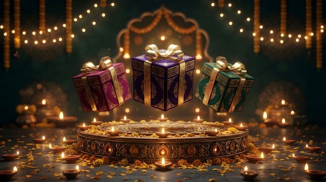 Three colorful gift boxes floating above a decorative platform surrounded by glowing oil lamps for diwali celebration