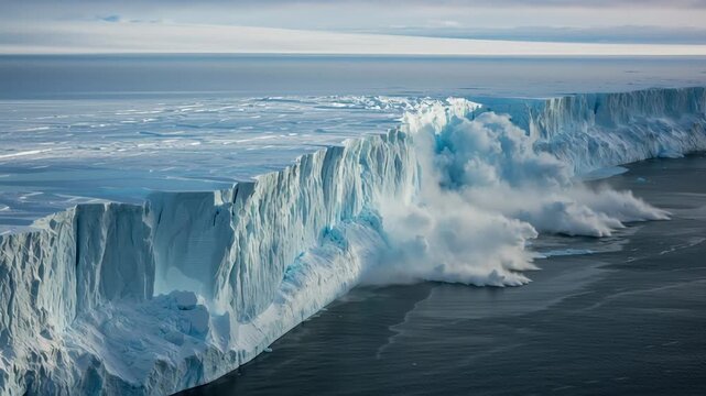 Massive ice shelf calving into ocean, aerial survey captures glacier edge fracturing and chunks plunging into dark sea, scattered floes drifting