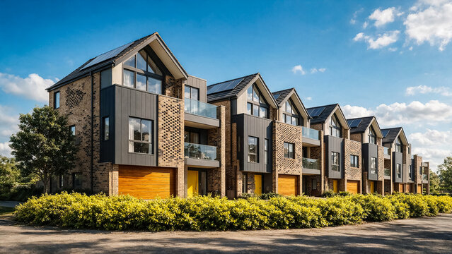 Modern luxury townhouses with sustainable solar panels, contemporary brick terraced houses, upscale residential neighborhood architecture
