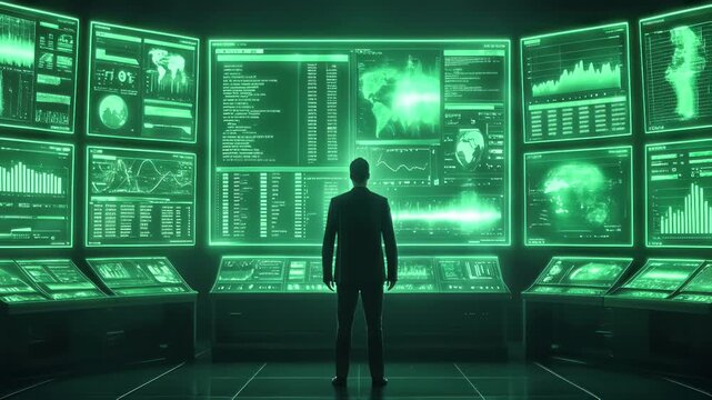 Security analyst monitoring global network data in high-tech control room. Lockdown wide shot.
