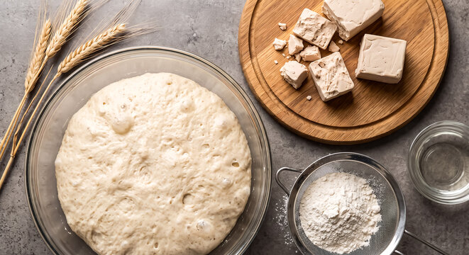 Fresh yeast dough rising in glass bowl, raw baking ingredients on stone background, organic bread making process with flour and wheat
