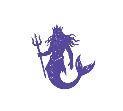 Triton Merman with Trident icon. Purple silhouette of a mythical Greek god of the sea holding a pitchfork weapon, ideal for ancient mythology graphic art