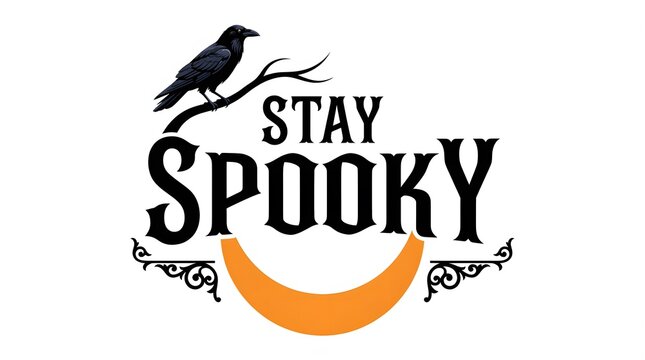 A vintage style halloween graphic design featuring a black crow perched on a branch above the text stay spooky with a crescent