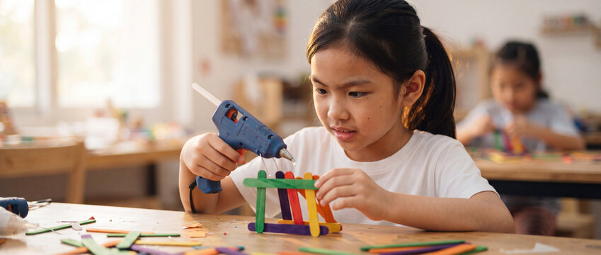 Asian girl using hot glue gun for craft project with colorful wooden sticks at a sunny classroom desk, perfect for STEM education, DIY childhood creativity, and school learning concepts