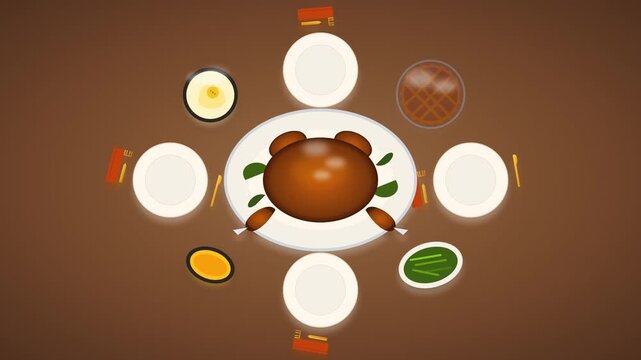 Animation of a dinner table being set with food for a holiday feast