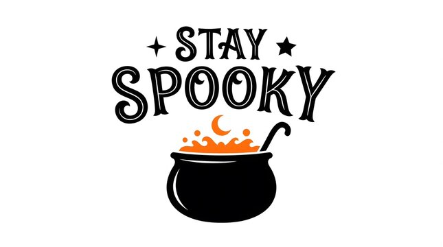 A festive halloween design featuring the text stay spooky above a black witch cauldron with bubbling orange potion isolated on a plain