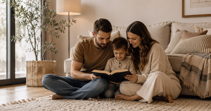 Christian Family Reading Bible with Daughter at Home, Faith, Prayer and Family Devotion