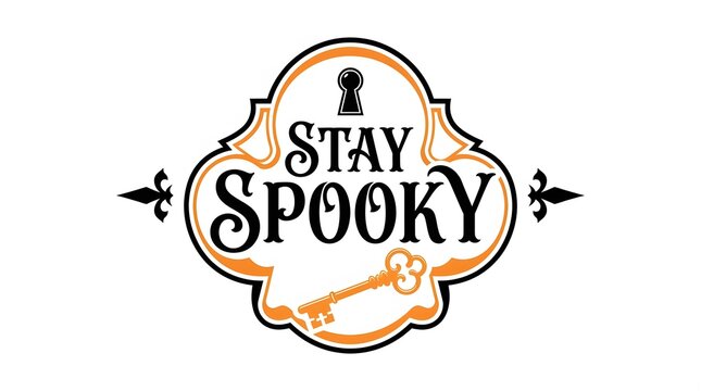 A decorative vintage style emblem featuring the text stay spooky with a small tombstone icon and a golden key on a plain