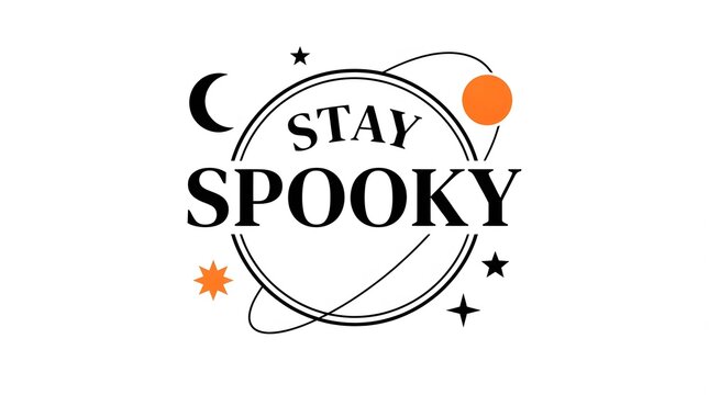 A black and white celestial graphic design featuring the text stay spooky surrounded by a planet ring a moon and many small