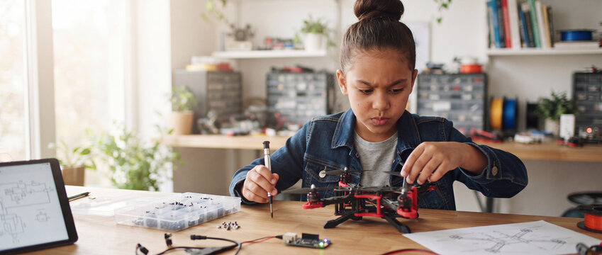 Drone assembly by a focused young girl using a screwdriver at a wooden workshop table with electronic components, circuit diagrams, and tools for STEM education project