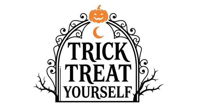 A decorative halloween themed graphic featuring the text trick treat yourself framed by an ornate black wrought iron gate with a small