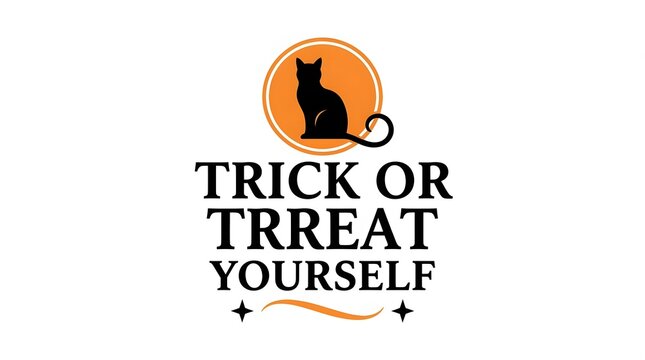 A festive halloween design featuring a black cat silhouette against an orange moon with the playful text trick or treat yourself isolated
