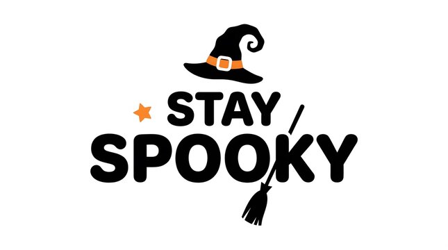 A festive halloween design featuring the text stay spooky decorated with a witch hat and a broomstick on a clean white background