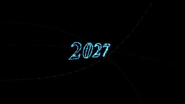 Abstract futuristic 2027 New Year text assembling from glowing blue particles and dispersing on dark background.
