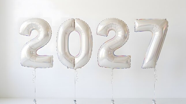 Shiny silver foil balloons shaped like the number twenty twenty seven isolated on a plain white background for a festive new year