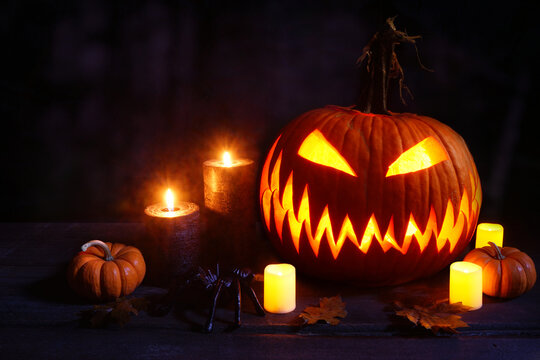 Halloween night scene with jack o lantern, pumpkins, candles and spider on a spooky dark background