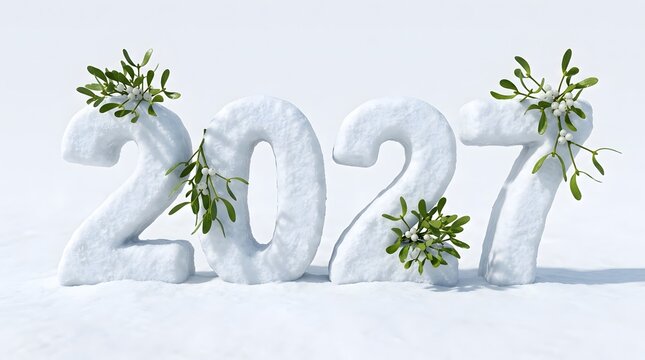 Three dimensional white numbers representing the year 2027 decorated with fresh green leaves isolated on a clean white background for holiday greeting