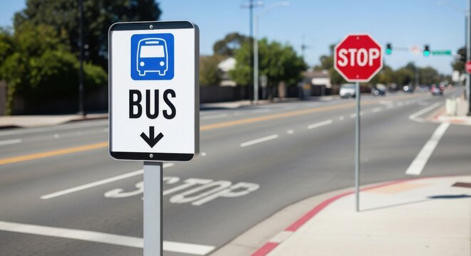 Bus Stop Sign And Stop Sign On A Sunny Suburban Street