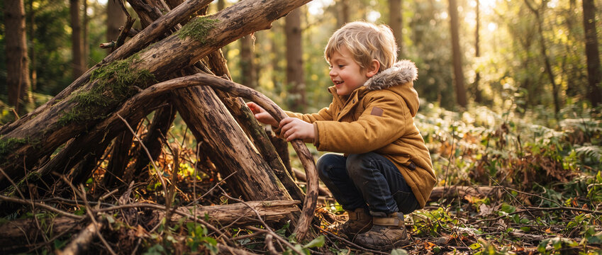 Young boy building wooden stick shelter in forest, wearing warm yellow jacket while playing outdoors in golden autumn sunlight for nature education and active childhood adventure themes