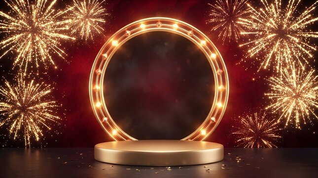 Golden podium with circular light frame and fireworks background