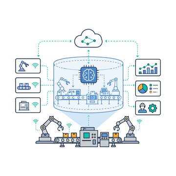 AI Smart Factory and Industrial Automation Vector Illustration, IoT Manufacturing, Robotics and Data Analytics.